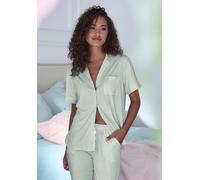 Pyjamaoberteil S.OLIVER, Damen, Gr. 36/38, grün (grün, gestreift), Single Jersey, Obermaterial: 50% Baumwolle, 50% Viskose, gestreift, loose fit hüftlang, V-Ausschnitt, eingesetzt Manschette, Shirts,