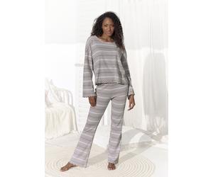 Pyjamaoberteil S.OLIVER, Damen, Gr. 36/38, nougat gestreift, Feinstrick, Obermaterial: 60% Baumwolle, 40% Polyester, gestreift, meliert, weit hüftlang, Rundhals, Trompetenärmel Babylock, Shirts, mit B