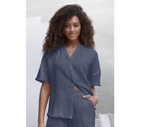 Pyjamaoberteil S.OLIVER, Damen, Gr. 36, blau (dunkelblau), Obermaterial: 100% Baumwolle, unifarben, bequem hüftlang, V-Ausschnitt, weit leicht ausgefranste Kante, Shirts, aus gewebtem Musselinstoff (9