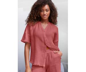 Pyjamaoberteil S.OLIVER, Damen, Gr. 38, rot (rostrot), Obermaterial: 100% Baumwolle, unifarben, bequem hüftlang, V-Ausschnitt, weit leicht ausgefranste Kante, Shirts, aus gewebtem Musselinstoff (15510