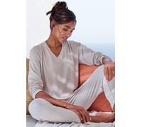 Pyjamaoberteil S.OLIVER, Damen, Gr. 40/42, beige (beige, meliert), Single Jersey, Obermaterial: 92% Modal (TENCEL™), 8% Elasthan, meliert, loose fit hüftlang, V-Ausschnitt, Shirts, in angenehmer 4x4 R