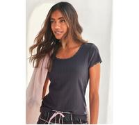 Pyjamaoberteil S.OLIVER, Damen, Gr. 40/42, grau (graphit), Feinstrick, Obermaterial: 100% Baumwolle, unifarben, figurbetont, Rundhals, eingesetzt,eng Spitze, Shirts, aus Ajour-Strick (73921220-40) gra