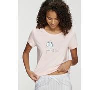 Pyjamaoberteil S.OLIVER, Damen, Gr. 40/42, rosa, Single Jersey, Obermaterial: 50% Baumwolle, 50% Viskose, bedruckt, unifarben, hüftlang, Rundhals, eingesetzt Aufschlag, Shirts, mit kurzen Ärmeln mit A