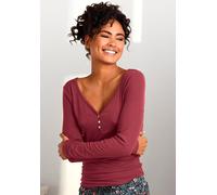 Pyjamaoberteil S.OLIVER, Damen, Gr. 40/42, rot (bordeaux), Feinripp, Obermaterial: 63% Polyester, 33% Viskose, 4% Elasthan, unifarben, Basic, körpernah hüftlang, V-Ausschnitt, eingesetzt, Shirts, aus