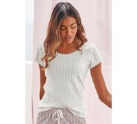 Pyjamaoberteil S.OLIVER, Damen, Gr. 44/46, beige (ecru), Feinstrick, Obermaterial: 100% Baumwolle, unifarben, figurbetont, Rundhals, eingesetzt,eng Spitze, Shirts, aus Ajour-Strick (83715807-44) ecru
