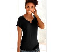 Pyjamaoberteil S.OLIVER, Damen, Gr. 44/46, schwarz, Feinripp, Obermaterial: 63% Polyester, 33% Viskose, 4% Elasthan, unifarben, Basic, körpernah normal, Rundhals, eingesetzt Babylock, Shirts, aus geri