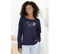 Pyjamaoberteil VIVANCE DREAMS, Damen, Gr. 40/42, blau (marine), Single Jersey, Obermaterial: 50% Baumwolle, 50% Viskose, bedruckt, loose fit hüftlang, Rundhals, eingesetzt, Shirts, mit Frontdruck (573