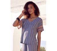 Pyjamaoberteil VIVANCE DREAMS, Damen, Gr. 44/46, braun (braun gemustert), Single Jersey, Obermaterial: 100% Viskose, bequem taillenbedeckt, V-Ausschnitt, weit kontrastfarben, Shirts, in schönem Ethno-