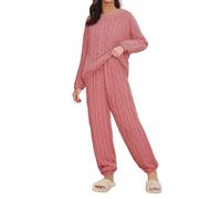 Pyjamas Damen Set Kuschelig Warm Winter Ohne Kapuze - Loungewear Damen Set Große Größen Strickpyjama Kuschelanzug Zweiteiler Rundhalsausschnitt Schlafanzüge Freizeitanzug 2 Stück Pyjama Schlafanzug