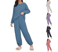 Pyjamas Damen Set Kuschelig Warm Winter Ohne Kapuze - Loungewear Damen Set Große Größen Strickpyjama Kuschelanzug Zweiteiler Rundhalsausschnitt Schlafanzüge Freizeitanzug 2 Stück Pyjama Schlafanzug