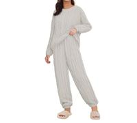 Pyjamas Damen Set Kuschelig Warm Winter Ohne Kapuze - Loungewear Damen Set Große Größen Strickpyjama Kuschelanzug Zweiteiler Rundhalsausschnitt Schlafanzüge Freizeitanzug 2 Stück Pyjama Schlafanzug
