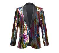 PYJTRL Herren-Blazer mit Blättern, grün, blau, goldfarben, Pailletten, Streifen, 3XL