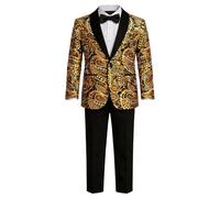 PYJTRL Jungen 4-teiliges Anzug Set Paisley Floral Pailletten gestickt Samt Blazer Jacke Schwarze Hosen Shirt Krawatte Outfit 4-16Y,Gold,16Y