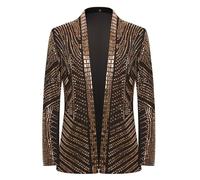 PYJTRL Men's Black and Gold Sequined Wedding Performance Party high-end Fitted Luxurious Full Sequin Suit Jacket,Gold,M