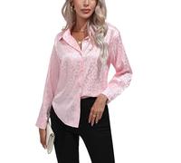 PZUYBZQ Bluse damen Damenhemden Aus Satinseide Mit Knopfleiste, Elegante Langärmlige Bluse Mit V-Ausschnitt Und Leopardenmuster In Jacquard-Optik Lockere Tunika(Pink,M)