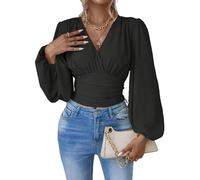 PZUYBZQ Bluse Damen Elegante Wickelbluse Für Damen Mit V-Ausschnitt Arbeitshemden, Herbstmodisches Langärmliges Elegantes Lässiges Oberteil Mit Rüschen(Black,S)