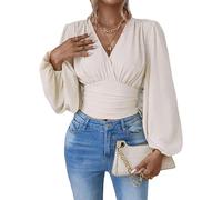 PZUYBZQ Bluse Damen Elegante Wickelbluse Für Damen Mit V-Ausschnitt Arbeitshemden, Herbstmodisches Langärmliges Elegantes Lässiges Oberteil Mit Rüschen(Beige,S)