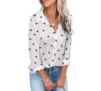 PZUYBZQ Damen Hemd Mit Knopfleiste, Bluse Mit V-Ausschnitt Und Herz-Print, Mode-Langarm-Oberteil Mit Roter Lippen-Stickerei(White Heart,XXX-Large)