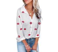 PZUYBZQ Damen Hemd Mit Knopfleiste, Bluse Mit V-Ausschnitt Und Herz-Print, Mode-Langarm-Oberteil Mit Roter Lippen-Stickerei(White Red Lips,S)