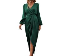 PZUYBZQ Damen Satinkleid Wickelkleid V-Ausschnitt Laterne Langarm Kleider Schlitz Elegantes Maxikleid Für Hochzeit Cocktailparty(Dark Green,M)