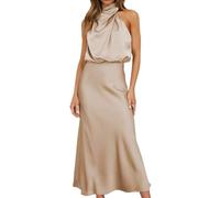 PZUYBZQ Damen Satinkleider, Sommer Elegantes Ärmelloses Mock Neck Wrap Cocktail Maxikleid, Formales Hochzeitsgast-Abendkleid(Apricot,M)