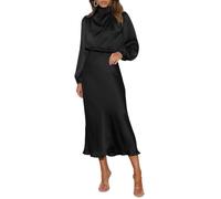 PZUYBZQ Satinkleider Für Damen, Elegantes Langärmliges Satinkleid, Lange Cocktailkleider Mit Stehkragen Und Elastischem Bund Für Hochzeitsgäste(Black,XL)