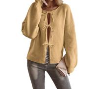 PZUYBZQ Strickjacke Damen, Cardigan Mit Bindeband Vorne, Süße Puffärmel Mit Schleife Lockerer Herbstmantel Aus Rippstrick(Light Yellow,XL)