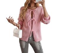 PZUYBZQ Strickjacke Damen, Cardigan Mit Bindeband Vorne, Süße Puffärmel Mit Schleife Lockerer Herbstmantel Aus Rippstrick(Pink,M)