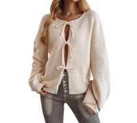 PZUYBZQ Strickjacke Damen, Cardigan Mit Bindeband Vorne, Süße Puffärmel Mit Schleife Lockerer Herbstmantel Aus Rippstrick(Apricot,XL)