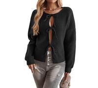 PZUYBZQ Strickjacke Damen, Cardigan Mit Bindeband Vorne, Süße Puffärmel Mit Schleife Lockerer Herbstmantel Aus Rippstrick(Black,XL)