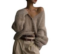 PZUYBZQ Strickjacke Damen, Flauschige Cardigan Übergroße Strickjacken Mit Knopfleiste Und V-Ausschnitt, Lässige Flauschige Strickmode Für Herbst Und Winter(Khaki,L)