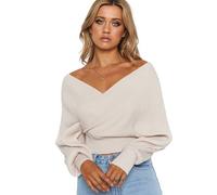 PZUYBZQ Wickelpullover Mit V-Ausschnitt Für Damen, Rückenfreier Pullover Mit Gedrehter Rückseite Und Überschnittenen Schultern, Langärmliges Strickoberteil Mit Geripptem Saum(Apricot,L)