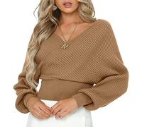 PZUYBZQ Wickelpullover Mit V-Ausschnitt Für Damen, Rückenfreier Pullover Mit Gedrehter Rückseite Und Überschnittenen Schultern, Langärmliges Strickoberteil Mit Geripptem Saum(Brown,S)