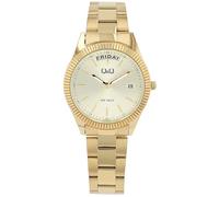 Q&Q SmileSolar Q&Q Analoge Damenuhr mit Tages- und Datumsanzeige, Edelstahl-Armband, goldfarben, leger, analog