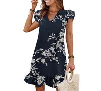 QACOHU Frühlings- und Sommerkleider für Damen 2026, V-Ausschnitt, Flügelärmel, Rüschensaum, kurzes, lässiges Strandkleid, 03 - White Flower Navy, Groß