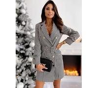 QBQZXAOSOWH Hübsche Kleider Dress Damen Damen Klassisches Hahnentritt-Kleid Loses Kleid Damen Zweireihig Tweed Büroanzug Jacke Kleid Weibliches Kariertes Gürtelkleid M Schwarz