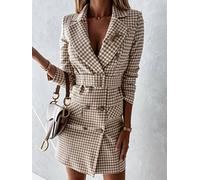 QBQZXAOSOWH Hübsche Kleider Dress Damen Damen Klassisches Houndstooth Loose Dress Damen Zweireihig Tweed Büroanzug Jacke Kleid Weibliches Kariertes Gürtelkleid M Khaki