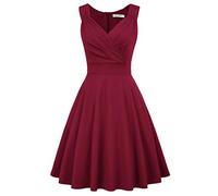 QBQZXAOSOWH Hübsche Kleider Dress Damen Damen Swingkleid Einfarbig Ärmellos V-Ausschnitt Gerüscht Plissee Elegant Knielang Ausgestellt A-Linie Partykleid Lady M Wine