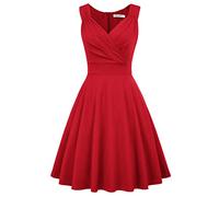 QBQZXAOSOWH Hübsche Kleider Dress Damen Damen Swingkleid Einfarbig Ärmellos V-Ausschnitt Rüschen Plissee Elegant Knielang Ausgestellt A-Linie Partykleid Lady M Rot