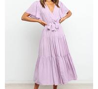 QBQZXAOSOWH Hübsche Kleider Dress Damen Frauen Sexy Tiefem V-Ausschnitt Gürtel Partykleid Elegant A Line Maxikleid Kurzarm Lose Reine Lange Kleider L Helllila