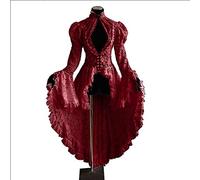 QBQZXAOSOWH Hübsche Kleider Dress Damen Frauen Vintage Spitzenkleid Lange Flare Ärmel Gothic Long Tail Aushöhlen Kleider Retro Kleid XL Burgund