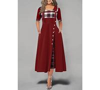 QBQZXAOSOWH Hübsche Kleider Dress Damen Kleider Für Frauen Halbarm Plaid Print Hohe Taille Knopfdetail Schlankes Maxikleid Elegantes Partykleid Plus Größe XXXL Burgund