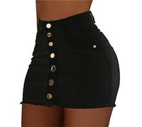 QBQZXAOSOWH Hübscher Rock Damen Mode Frauen Stretch Hohe Taille Solide Sexy Rock Knopf Denim Kurze Mini Jeans Bleistiftröcke M Schwarz