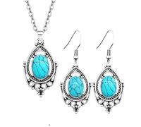 QCJQSH Bergkristall Kette,Natürliches Türkis-Kristall-Halsketten- Und Ohrringe-Set Vintage-Stil Hohl Filigran Oval Stein-Anhänger Halskette Chakren Edelstein Heilkristall Schmuckset Für Frauen Ge