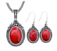 QCJQSH Crystal Necklace,Halskette Und Ohrringe Aus Natürlichem Rotem Türkis-Kristall Antik-Silber Ovaler Stein-Anhänger Halskette Chakren Edelstein Heilkristall Schmuckset Für Frauen Geschenk