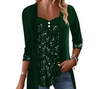 QCJQSH Langarm T Shirts Für Damen Elegant Spleißen Glänzend Sequi Tunika Oberteil Schmales Weihnachts Langarmshirt Mit V Ausschnitt Einfarbig 2 In 1 Pullover Blusen Oberteil Für Damen Party Ele