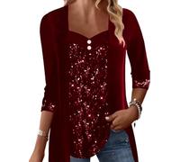 QCJQSH Langarm T Shirts Für Damen Elegantes Gespleißtes Glänzendes Sequi Tunika Oberteil Schmales Weihnachts Langarmshirt Mit V Ausschnitt Einfarbig 2 In 1 Pullover Blusen Oberteil Für Damen Pa