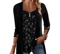 QCJQSH Langarm T Shirts Für Damen Elegantes Spleißen Glänzendes Sequi Tunika Oberteil Schmales V Ausschnitt Weihnachts Langarmshirt Solide 2 In 1 Pullover Blusen Oberteile Für Damen Party Elega