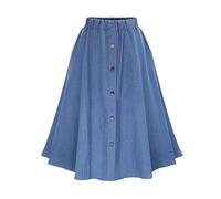 QDHGCFOC Rock Damen -Jeans -Jean -Rock Hoher Taillenknopf Plissierter Midi -Rock Mit Knie-Blau