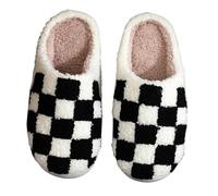 QDLTGBD Hausschuhe Herren Herren Home Baumwolle Pantoffeln Herbst Und Winter Männer Und Frauen Schachbrett Pantoffeln Gestickte Plüsch Pantoffeln-black-44 45eu